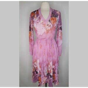 JIMMY LOS ANGELES 70s Floral Dress Size M Plisse Midi Long Sleeve V Neck Disco